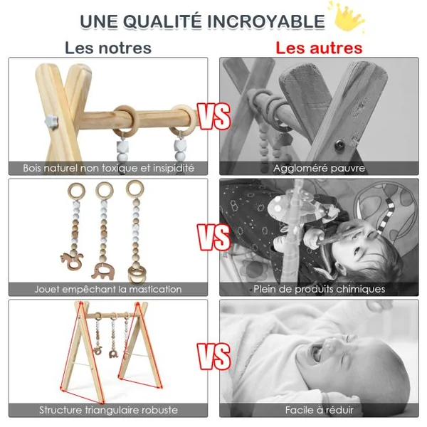 Portique D’eveil pour Bébé de +3 Mois avec Jouets Centre D'activité Pliable Forme Triangulaire en Bois 60x44x60cm Vert/Blanc/Naturel/Gris/Rose