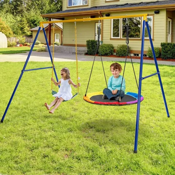 Portique Métal 249 x 185 x 181,5 cm avec Piquets d’Ancrage Mousquetons Charge Max 300KG Pour 2 Balançoires (Non Inclus)