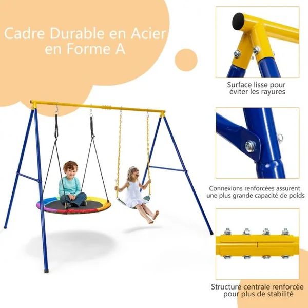 Portique Métal 249 x 185 x 181,5 cm avec Piquets d’Ancrage Mousquetons Charge Max 300KG Pour 2 Balançoires (Non Inclus)
