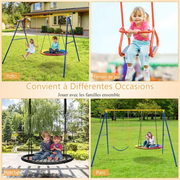 Portique Métal 249 x 185 x 181,5 cm avec Piquets d’Ancrage Mousquetons Charge Max 300KG Pour 2 Balançoires (Non Inclus)