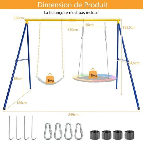Portique Métal 249 x 185 x 181,5 cm avec Piquets d’Ancrage Mousquetons Charge Max 300KG Pour 2 Balançoires (Non Inclus)