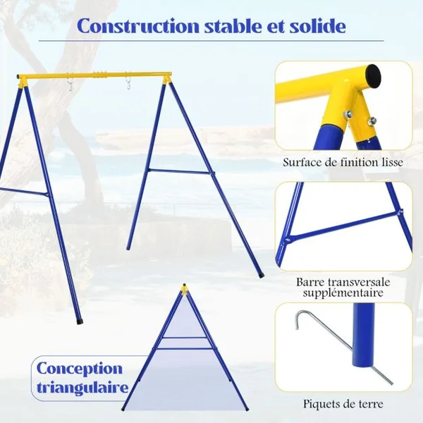 Portique Métallique de Balançoire en Forme de A avec Piquets d'Ancrage et 2 Méthodes de Fixation