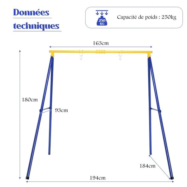 Portique Métallique de Balançoire en Forme de A avec Piquets d'Ancrage et 2 Méthodes de Fixation
