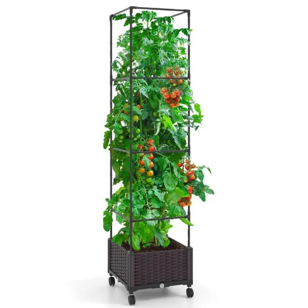Potager Surélevé Vertical de 170cm avec Bac et Treillis Jardinière avec Système d'Auto-Irrigation Hauteur Ajustable Bac à Tomates sur Roues