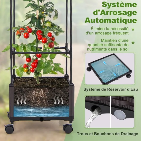 Potager Surélevé Vertical de 170cm avec Bac et Treillis Jardinière avec Système d'Auto-Irrigation Hauteur Ajustable Bac à Tomates sur Roues