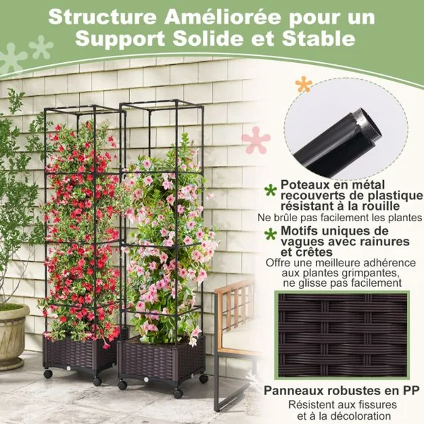 Potager Surélevé Vertical de 170cm avec Bac et Treillis Jardinière avec Système d'Auto-Irrigation Hauteur Ajustable Bac à Tomates sur Roues
