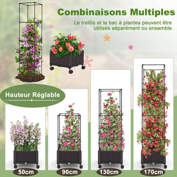 Potager Surélevé Vertical de 170cm avec Bac et Treillis Jardinière avec Système d'Auto-Irrigation Hauteur Ajustable Bac à Tomates sur Roues