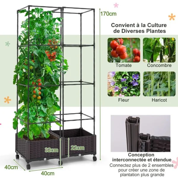 Potager Surélevé Vertical de 170cm avec Bac et Treillis Jardinière avec Système d'Auto-Irrigation Hauteur Ajustable Bac à Tomates sur Roues