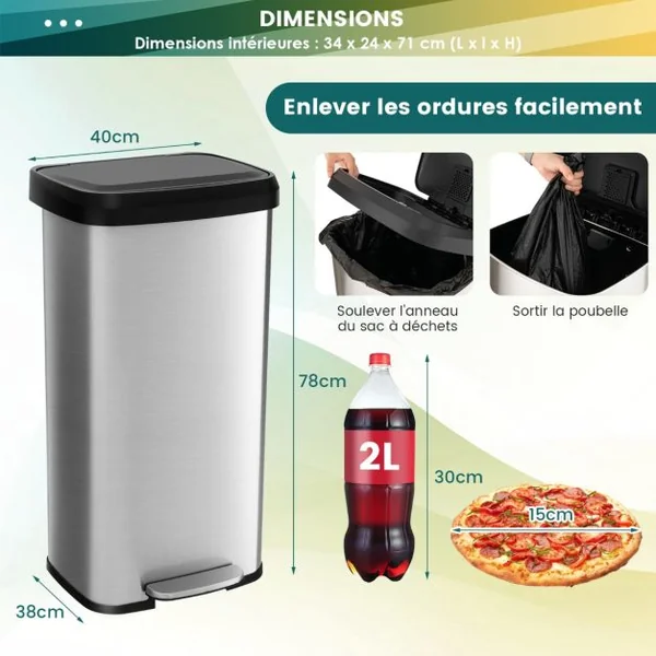 Poubelle 68 Litres à Pédale 40 x 38 x 78 CM en Acier Inox Anti-Empreintes Fermeture Amortie Ultra-Silencieuse Argent