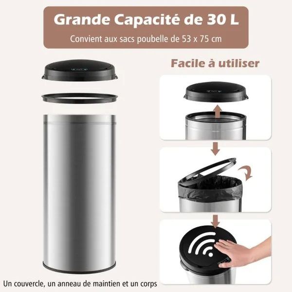 Poubelle Automatique de 30 L Cadre en Acier Inoxydable Résistante aux Empreintes Digitales Poubelle sans Contact Argent