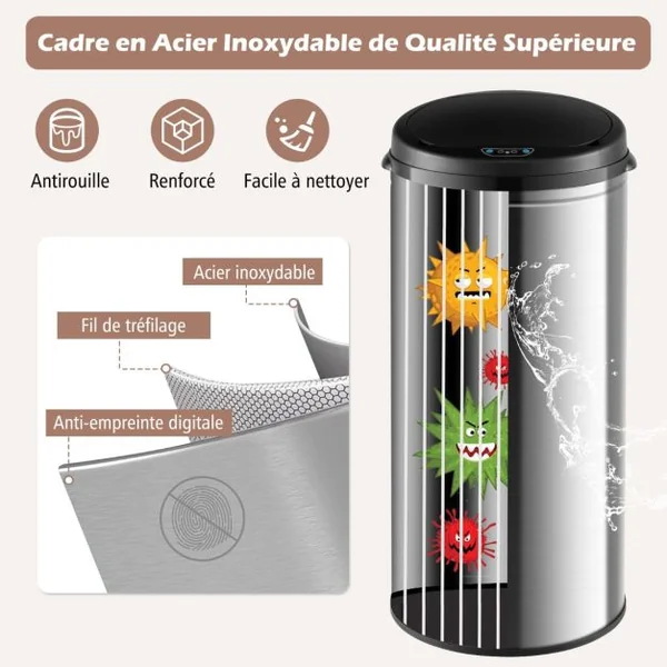 Poubelle Automatique de 30 L Cadre en Acier Inoxydable Résistante aux Empreintes Digitales Poubelle sans Contact Argent