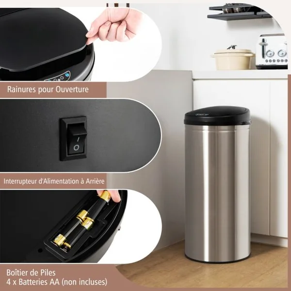 Poubelle Automatique de 30 L Cadre en Acier Inoxydable Résistante aux Empreintes Digitales Poubelle sans Contact Argent