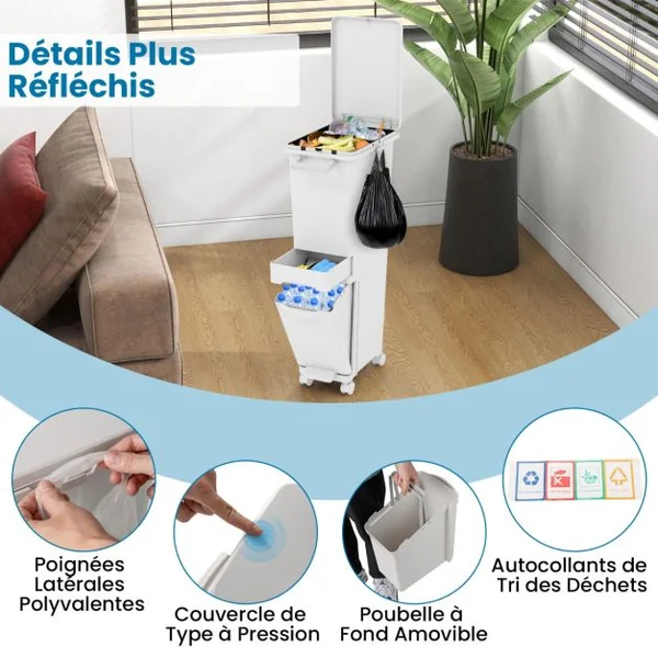 Poubelle avec Bac Inférieur Inclinable Tiroir Central 2 Compartiments Supérieurs Étiquettes de Tri Poubelle à Pédale en Plastique
