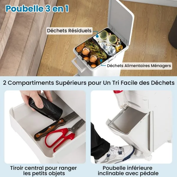 Poubelle avec Bac Inférieur Inclinable Tiroir Central 2 Compartiments Supérieurs Étiquettes de Tri Poubelle à Pédale en Plastique