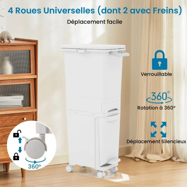 Poubelle avec Bac Inférieur Inclinable Tiroir Central 2 Compartiments Supérieurs Étiquettes de Tri Poubelle à Pédale en Plastique