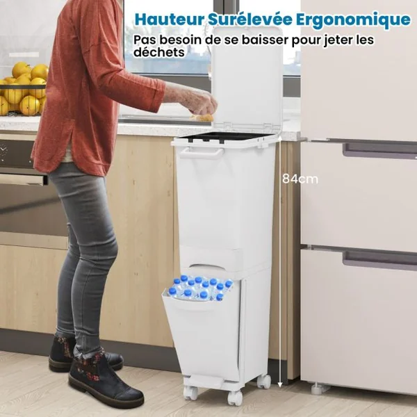 Poubelle avec Bac Inférieur Inclinable Tiroir Central 2 Compartiments Supérieurs Étiquettes de Tri Poubelle à Pédale en Plastique
