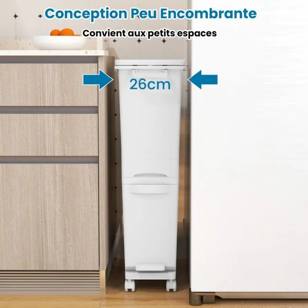 Poubelle avec Bac Inférieur Inclinable Tiroir Central 2 Compartiments Supérieurs Étiquettes de Tri Poubelle à Pédale en Plastique