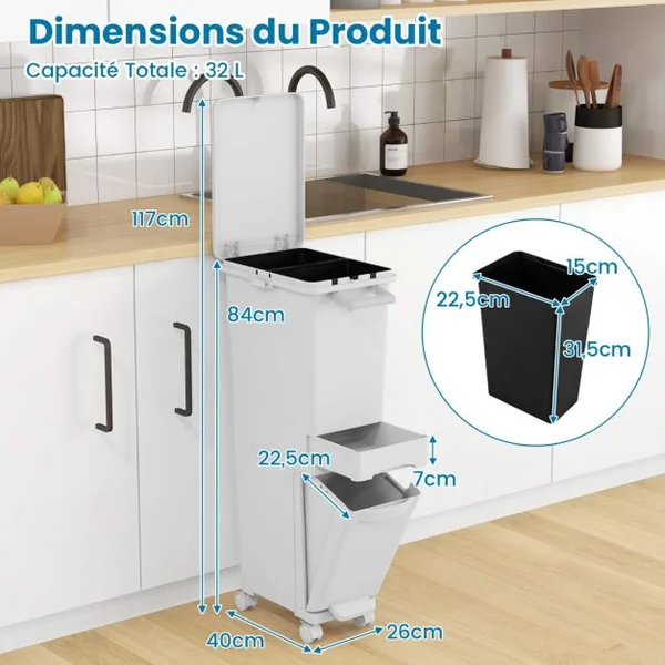Poubelle avec Bac Inférieur Inclinable Tiroir Central 2 Compartiments Supérieurs Étiquettes de Tri Poubelle à Pédale en Plastique