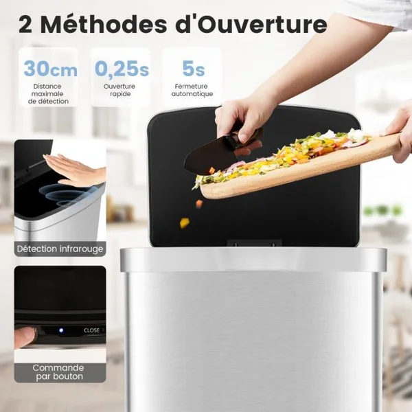 Poubelle Cuisine 50L Automatique en Acier Inox. Anti-Empreintes Fermeture Amortie Ultra-Silencieuse Argent