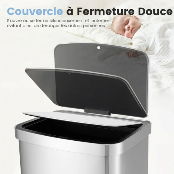 Poubelle Cuisine 50L Automatique en Acier Inox. Anti-Empreintes Fermeture Amortie Ultra-Silencieuse Argent
