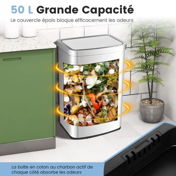 Poubelle Cuisine 50L Automatique en Acier Inox. Anti-Empreintes Fermeture Amortie Ultra-Silencieuse Argent