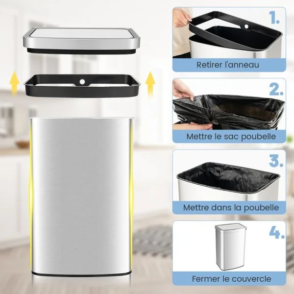 Poubelle Cuisine 50L Automatique en Acier Inox. Anti-Empreintes Fermeture Amortie Ultra-Silencieuse Argent
