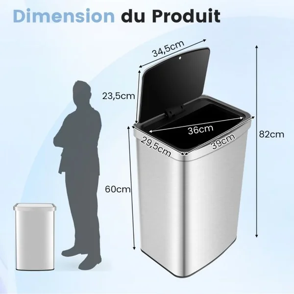 Poubelle Cuisine 50L Automatique en Acier Inox. Anti-Empreintes Fermeture Amortie Ultra-Silencieuse Argent