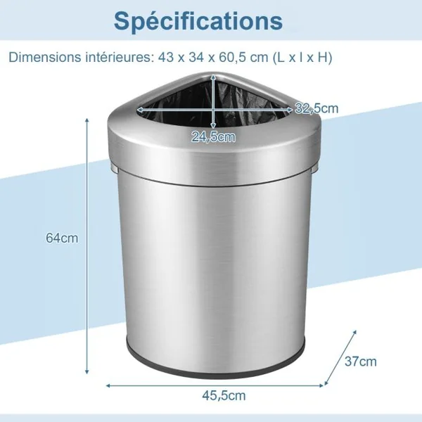 Poubelle d’Angle en Acier Inoxydable de 60L Poubelle avec Couvercle Poubelle en Forme de Ventilateur avec Fond Antidérapant Argent