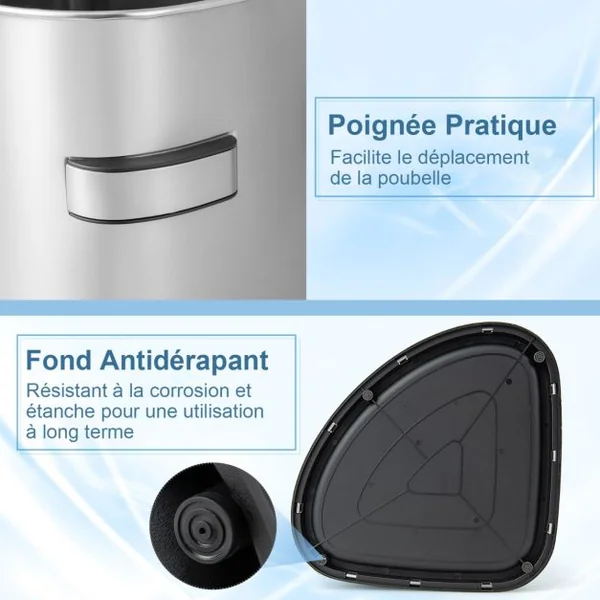 Poubelle d’Angle en Acier Inoxydable de 60L Poubelle avec Couvercle Poubelle en Forme de Ventilateur avec Fond Antidérapant Argent