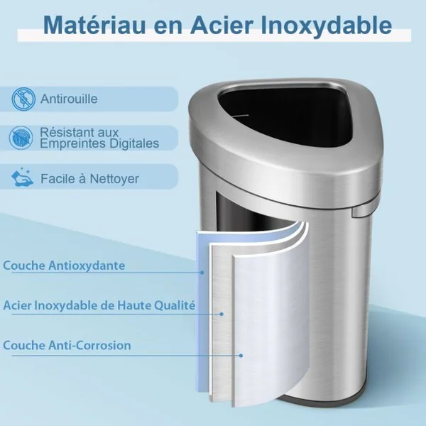Poubelle d’Angle en Acier Inoxydable de 60L Poubelle avec Couvercle Poubelle en Forme de Ventilateur avec Fond Antidérapant Argent