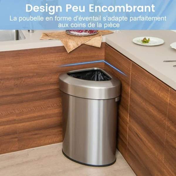 Poubelle d’Angle en Acier Inoxydable de 60L Poubelle avec Couvercle Poubelle en Forme de Ventilateur avec Fond Antidérapant Argent