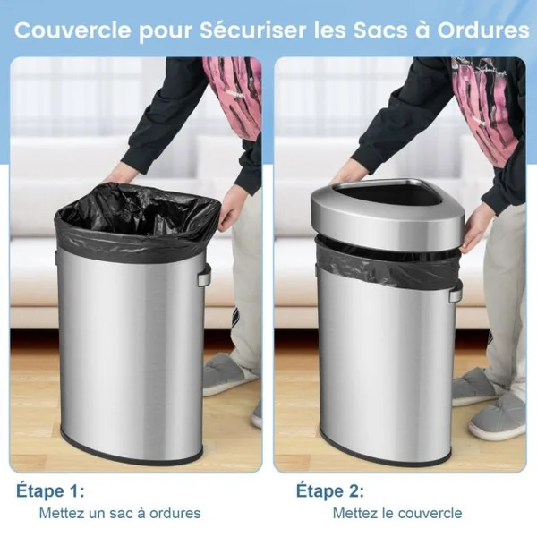 Poubelle d’Angle en Acier Inoxydable de 60L Poubelle avec Couvercle Poubelle en Forme de Ventilateur avec Fond Antidérapant Argent