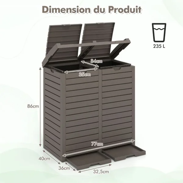 Poubelle d'Extérieur 135 L Poubelle Etanche à Double Seau Couvercle à Plusieurs Niveaux Bac d'Egouttage Poignée Découpée Poubelle Marron