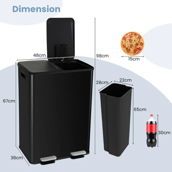 Poubelle Double Compartiments 2 x 30L Poubelle Tri Selectif en Acier Inox Anti-Empreintes 2 Seaux Intérieurs en Plastique Argent/Blanc/Noir