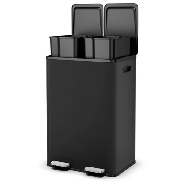 Poubelle Double Compartiments 2 x 30L Poubelle Tri Selectif en Acier Inox Anti-Empreintes 2 Seaux Intérieurs en Plastique Argent/Blanc/Noir
