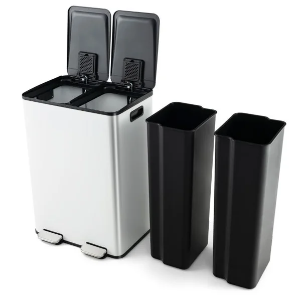 Poubelle Double Compartiments 2 x 30L Poubelle Tri Selectif en Acier Inox Anti-Empreintes 2 Seaux Intérieurs en Plastique Argent/Blanc/Noir