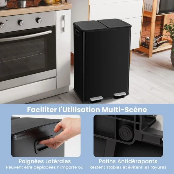 Poubelle Double Compartiments 2 x 30L Poubelle Tri Selectif en Acier Inox Anti-Empreintes 2 Seaux Intérieurs en Plastique Argent/Blanc/Noir