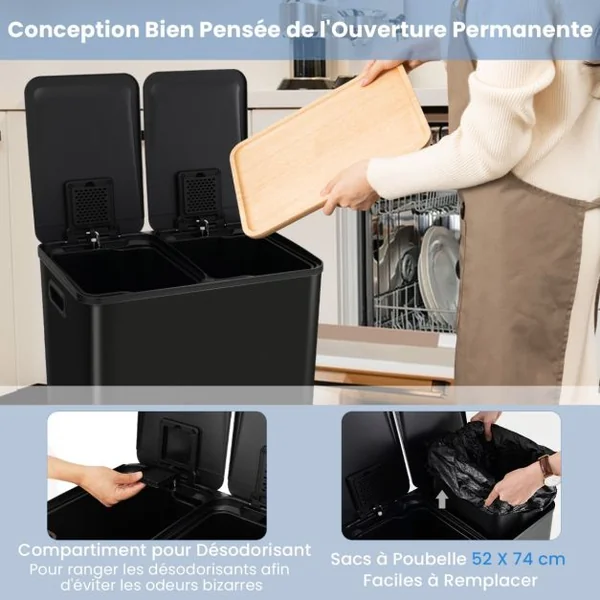 Poubelle Double Compartiments 2 x 30L Poubelle Tri Selectif en Acier Inox Anti-Empreintes 2 Seaux Intérieurs en Plastique Argent/Blanc/Noir