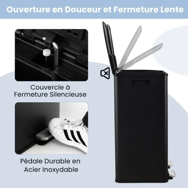 Poubelle Double Compartiments 2 x 30L Poubelle Tri Selectif en Acier Inox Anti-Empreintes 2 Seaux Intérieurs en Plastique Argent/Blanc/Noir