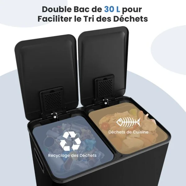 Poubelle Double Compartiments 2 x 30L Poubelle Tri Selectif en Acier Inox Anti-Empreintes 2 Seaux Intérieurs en Plastique Argent/Blanc/Noir