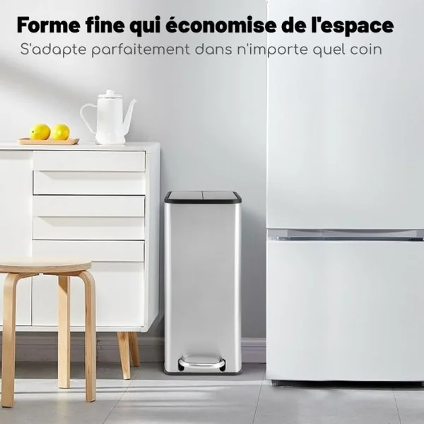 Poubelle en Acier Inoxydable 46L Poubelle de Cuisine avec Couvercles à Ailes à Fermeture Douce et Seau Intérieur Amovible Argent