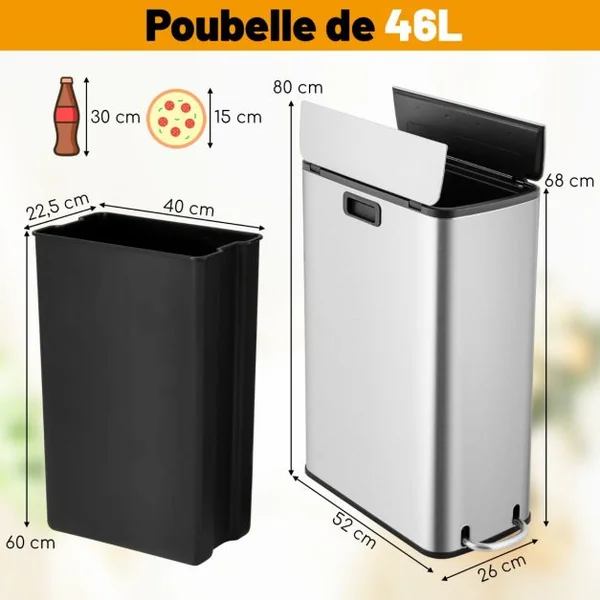 Poubelle en Acier Inoxydable 46L Poubelle de Cuisine avec Couvercles à Ailes à Fermeture Douce et Seau Intérieur Amovible Argent