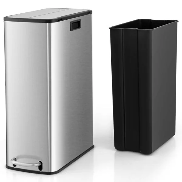 Poubelle en Acier Inoxydable 46L Poubelle de Cuisine avec Couvercles à Ailes à Fermeture Douce et Seau Intérieur Amovible Argent