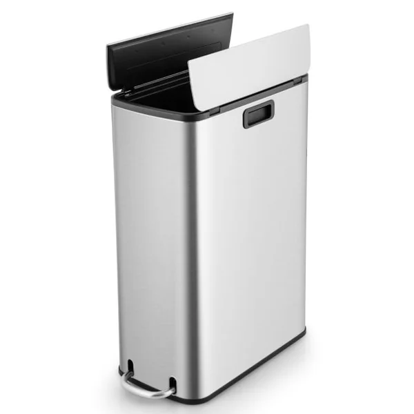 Poubelle en Acier Inoxydable 46L Poubelle de Cuisine avec Couvercles à Ailes à Fermeture Douce et Seau Intérieur Amovible Argent