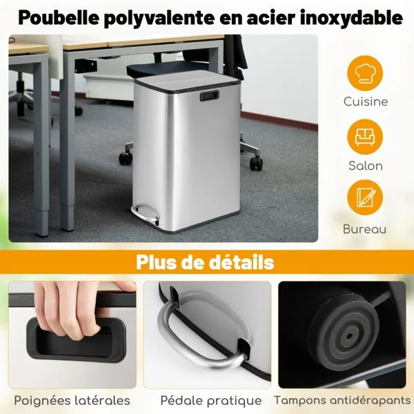 Poubelle en Acier Inoxydable 46L Poubelle de Cuisine avec Couvercles à Ailes à Fermeture Douce et Seau Intérieur Amovible Argent