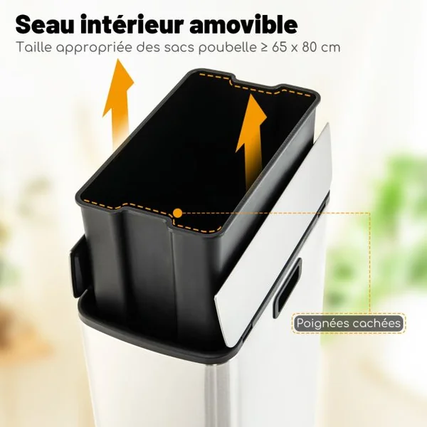 Poubelle en Acier Inoxydable 46L Poubelle de Cuisine avec Couvercles à Ailes à Fermeture Douce et Seau Intérieur Amovible Argent
