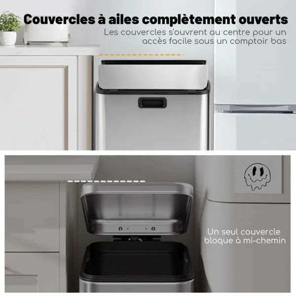 Poubelle en Acier Inoxydable 46L Poubelle de Cuisine avec Couvercles à Ailes à Fermeture Douce et Seau Intérieur Amovible Argent