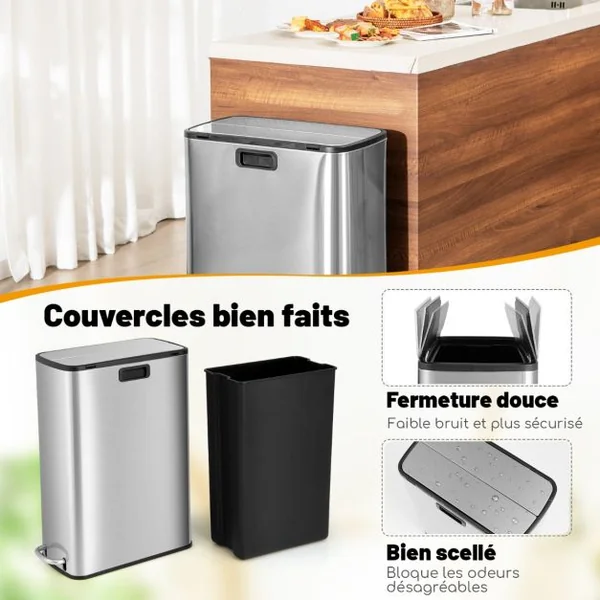 Poubelle en Acier Inoxydable 46L Poubelle de Cuisine avec Couvercles à Ailes à Fermeture Douce et Seau Intérieur Amovible Argent