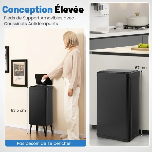 Poubelle en Acier Inoxydable 50 L Poubelle Automatique à Capteur de Mouvement avec Couvercle Maintenu Ouvert et Fermeture Douce Noir/Argent