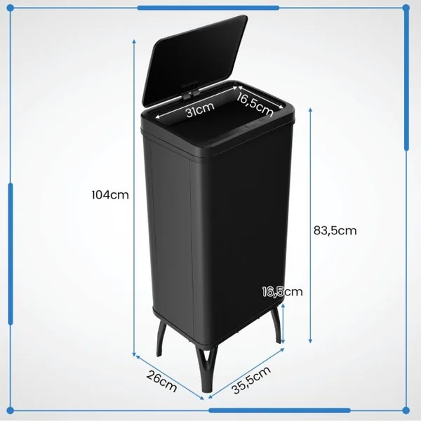 Poubelle en Acier Inoxydable 50 L Poubelle Automatique à Capteur de Mouvement avec Couvercle Maintenu Ouvert et Fermeture Douce Noir/Argent